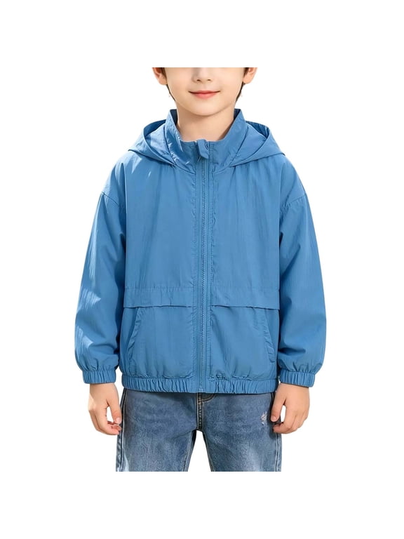 Boys Lightweight Hooded Windbreaker Jacket, Long Sleeve Full Zip Loose Fit with Pockets for Casual Outdoor Wear, Blue, 6-7 Years