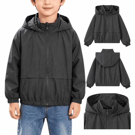 Boys Lightweight Hooded Windbreaker Jacket, Long Sleeve Full Zip Loose Fit with Pockets for Casual Outdoor Wear, Dark Gray, 8-9 Years
