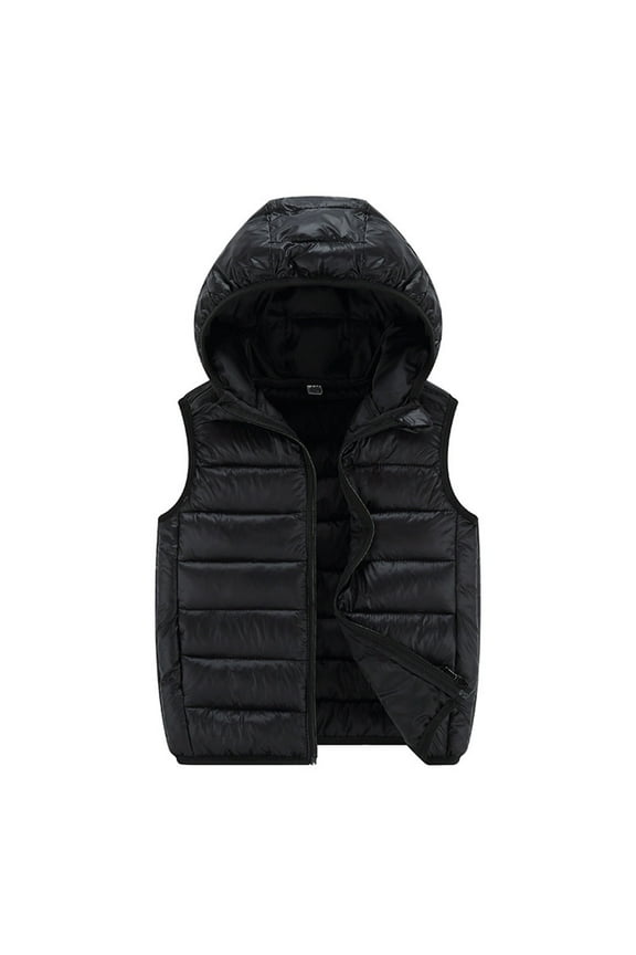 Boys Lightweight Puffer Vest with Hood Solid Water-Resistant Sleeveless Jacket Packable Down Vest Fall Zip Coat with Pocket Winter Hoodie Outwear for Kids Black, 12-15 Years