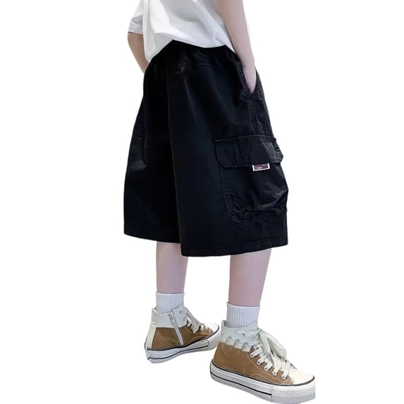 Boys Lightweight Solid Cargo Knee Length Shorts, Elastic Waist Multi Pocket Loose Fit Kids Utility Shorts for Summer School Outdoor Daily Home Casual Wear(Black,15-16 Years)