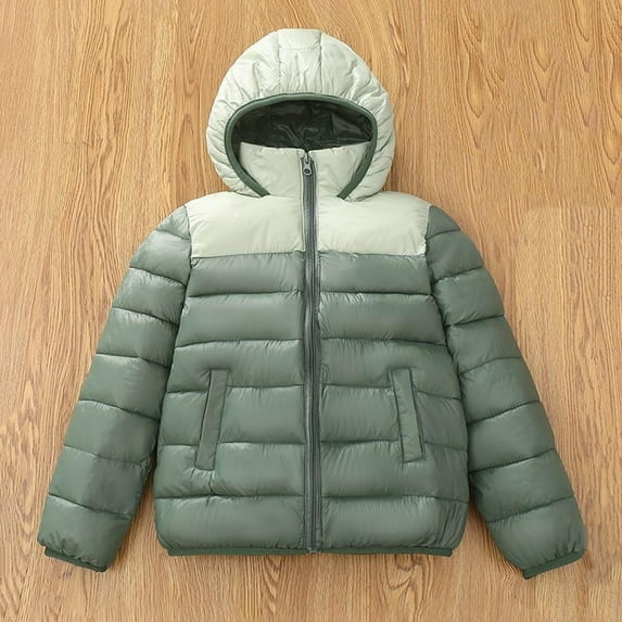 Boys Lightweight Water-Resistant Jacket Winter Hooded Windproof Patchwork Color Jacket Warm Quilted Outerwear with Zipper Pocket