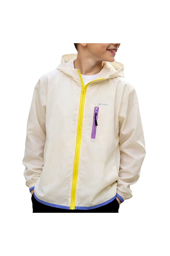 Boys Lightweight Windbreaker Jacket Hooded Packable Beige Kids Jacket for Outdoor Sports School,Size 12-13 T
