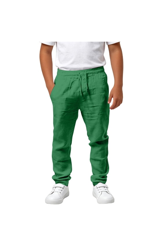 Boys Linen Blend Casual Pants Elastic Waist Drawstring Trousers Lightweight Summer School Uniform Bottoms