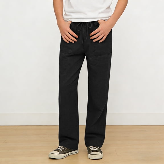 Boys Linen Pants Straight Leg Casual Trousers for Boys Girls Casual Elastic Waist Pull on Boys' Pants with Pockets