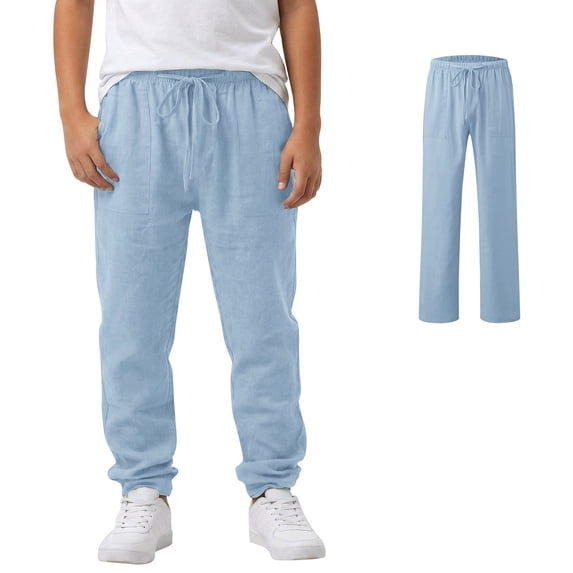 Boys' Linen Pull-On Blue Jogger Casual Beach Trousers Elastic Loose Fit Lightweight Linen Summer Pants 10-11 Years