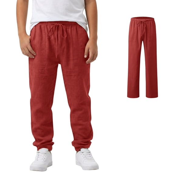 Boys' Linen Pull-On Brick Red Jogger Casual Beach Trousers Elastic Loose Fit Lightweight Linen Summer Pants 12-13 Years