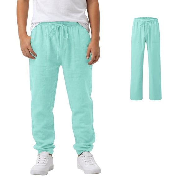 Boys' Linen Pull-On Mint Green Jogger Casual Beach Trousers Elastic Loose Fit Lightweight Linen Summer Pants 14-15 Years