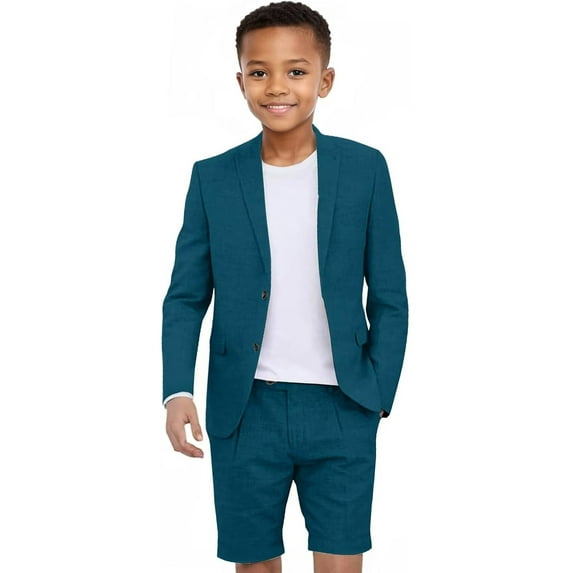 Boys Linen Short Suit Slim Fit 2 Pieces Summer Beach Wedding Suits Kids Lightweight Linen Jacket Shorts Set