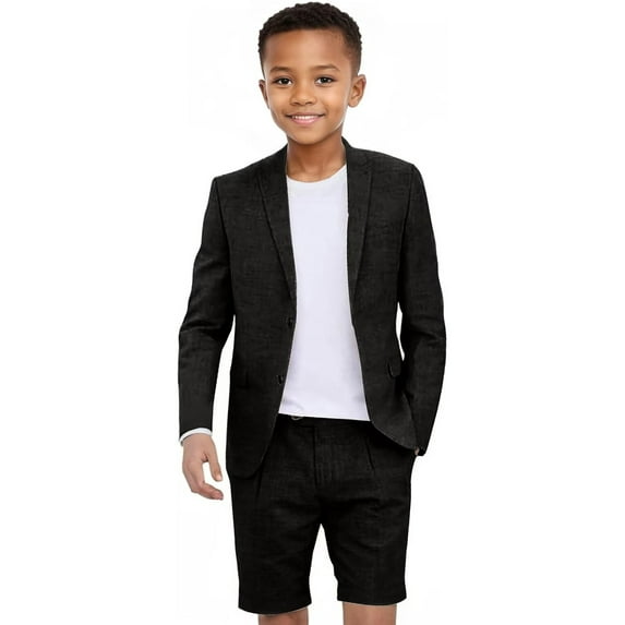 Boys Linen Short Suit Slim Fit 2 Pieces Summer Beach Wedding Suits Kids Lightweight Linen Jacket Shorts Set