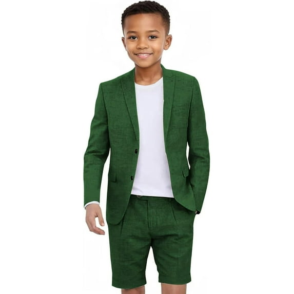 Boys Linen Short Suit Slim Fit 2 Pieces Summer Beach Wedding Suits Kids Lightweight Linen Jacket Shorts Set