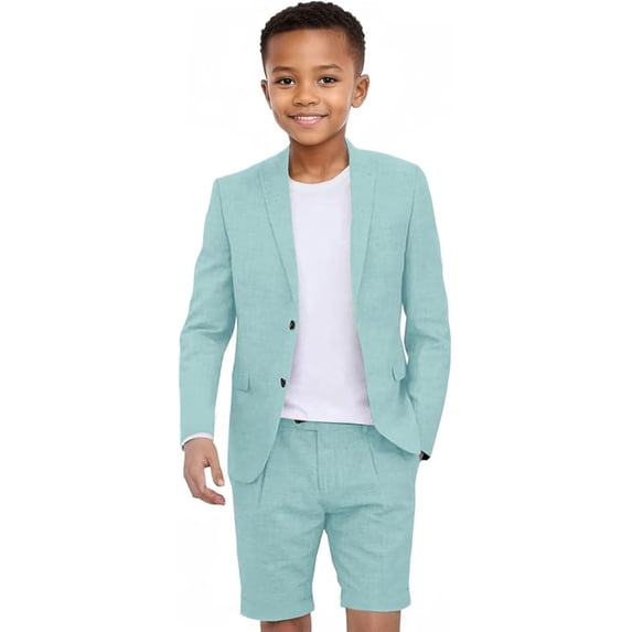 Boys Linen Short Suit Slim Fit 2 Pieces Summer Beach Wedding Suits Kids Lightweight Linen Jacket Shorts Set