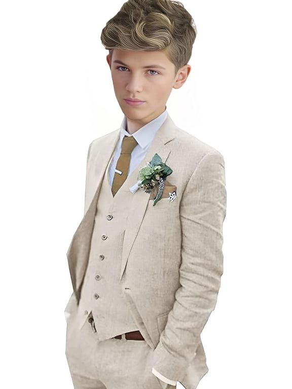 Boys Linen Suit Boys Tuxedo Slim Fit 3 Piece Summer Suit Kids Linen Suit Jacket Vest Pant