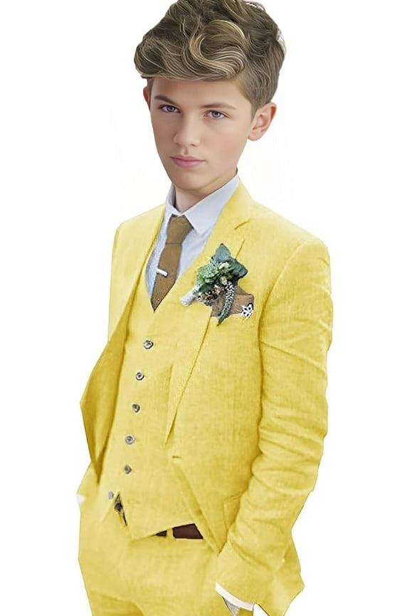 Boys Linen Suit Boys Tuxedo Slim Fit 3 Piece Summer Suit Kids Linen Suit Jacket Vest Pant