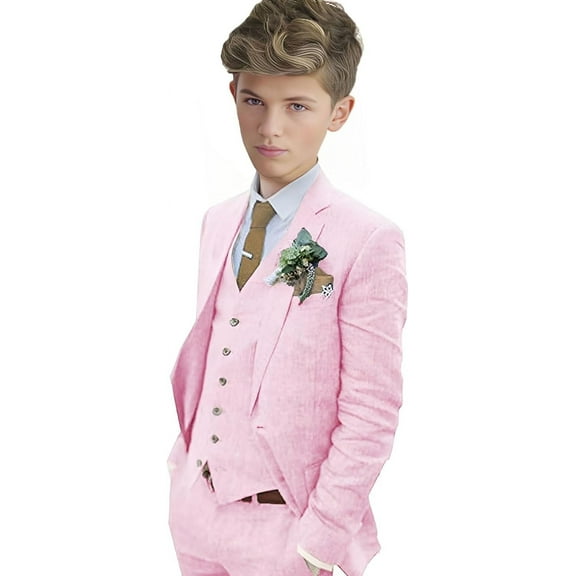 Boys Linen Suit Boys Tuxedo Slim Fit 3 Piece Summer Suit Kids Linen Suit Jacket Vest Pant