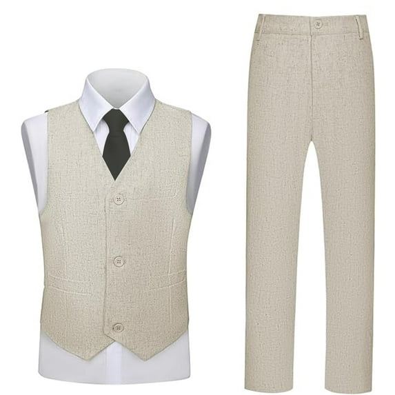 Boys Linen Suit Set 4-Piece for Wedding & Summer Adjustable Formal Wear with Shirt, Vest, Pants + necktie