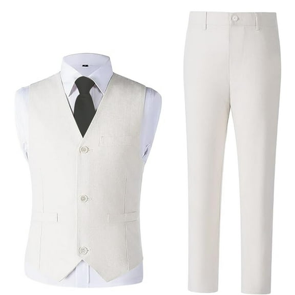 Boys Linen Suit Set 4-Piece for Wedding & Summer Adjustable Formal Wear with Shirt, Vest, Pants necktie