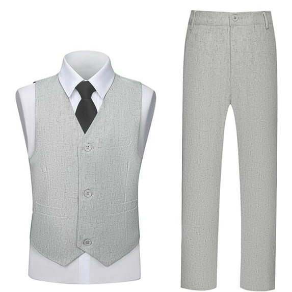 Boys Linen Suit Set 4-Piece for Wedding & Summer Adjustable Formal Wear with Shirt, Vest, Pants + necktie