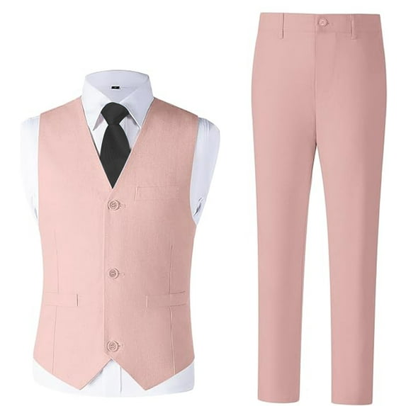Boys Linen Suit Set 4-Piece for Wedding & Summer Adjustable Formal Wear with Shirt, Vest, Pants + necktie