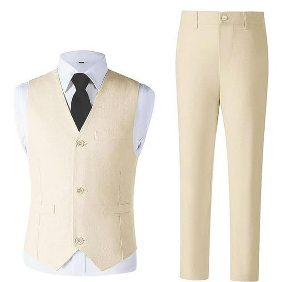Boys Linen Suit Set 4-Piece for Wedding & Summer Adjustable Formal Wear with Shirt, Vest, Pants + necktie