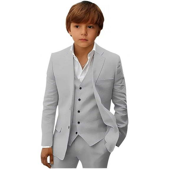 Boys Linen Suit Slim Fit 3 Piece Summer Beach Linen Suit for Boys Formal Wedding Outfit Jacket Vest and Pants