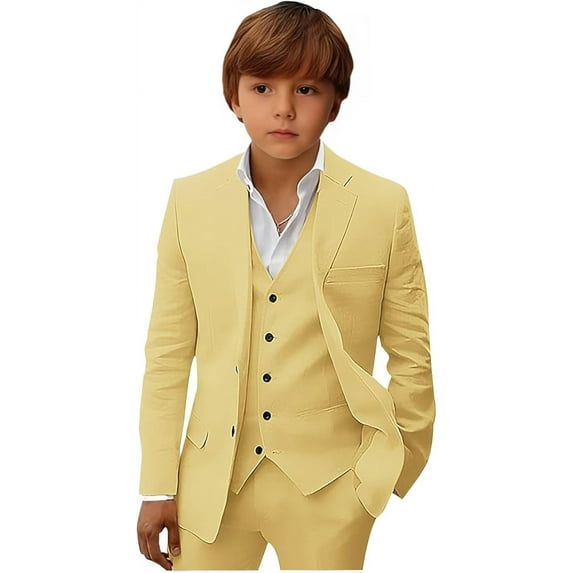 Boys Linen Suit Slim Fit 3 Piece Summer Beach Linen Suit for Boys Formal Wedding Outfit Jacket Vest and Pants