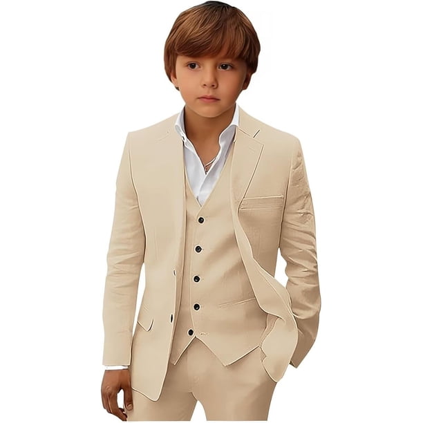 Boys Linen Suit Slim Fit 3 Piece Summer Beach Linen Suit for Boys Formal Wedding Outfit Jacket Vest and Pants