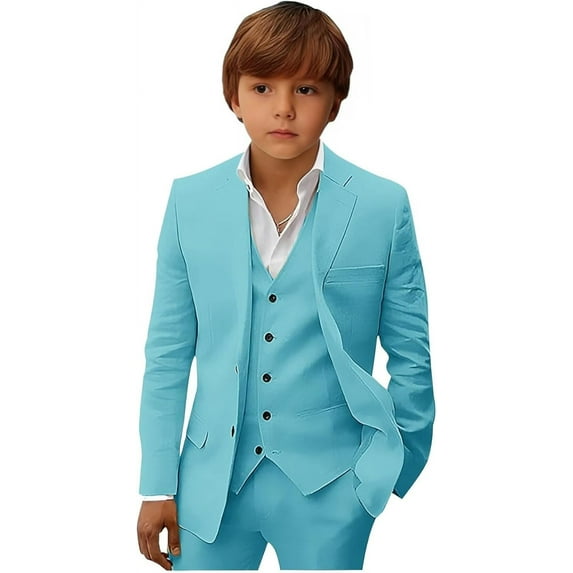 Boys Linen Suit Slim Fit 3 Piece Summer Beach Linen Suit for Boys Formal Wedding Outfit Jacket Vest and Pants