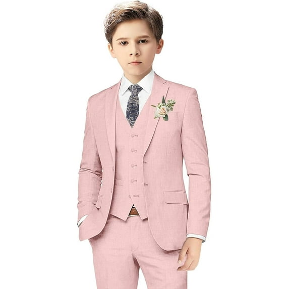 Boys Linen Suits for Kids Summer Slim Fit 3 Piece Beach Wedding Outfit Light Weight Tuxedo Linen Suit Set