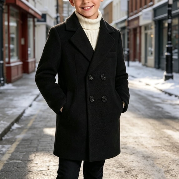 Boys Long Overcoat, Double Breasted Lapel Warm Winter Coat, Classic Wool Blend Outerwear For Kids Black 11-12Years