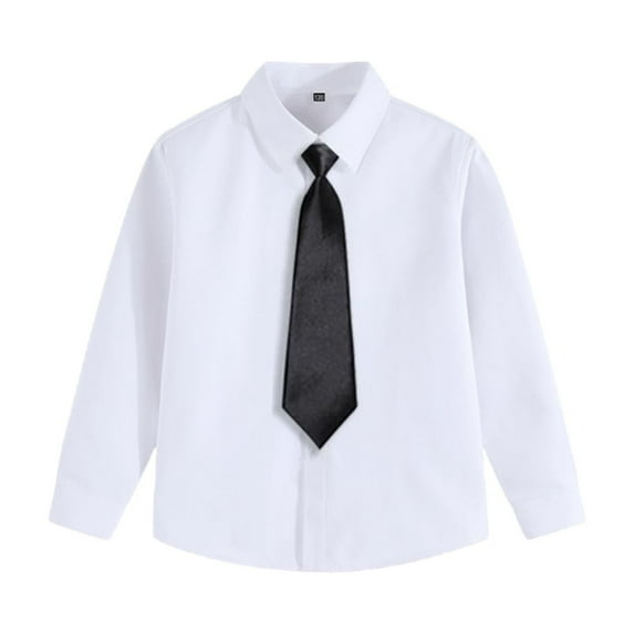 Boys Long Sleeve Button Down Dress Shirt and Tie Set 3-15 Years Kids Collared Blouses School Uniform Tops (10-12 Years, Black)