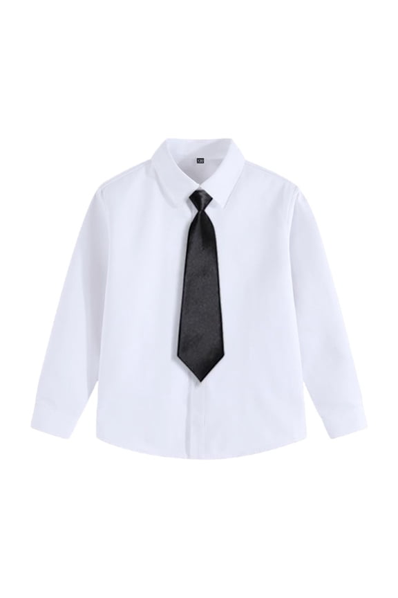 Boys Long Sleeve Button Down Dress Shirt and Tie Set 3-15 Years Kids Collared Blouses School Uniform Tops (10-12 Years, Black)