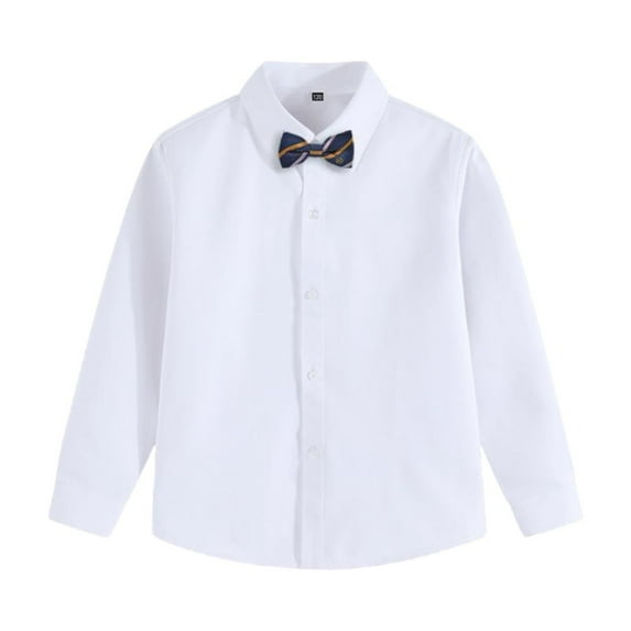 Boys Long Sleeve Button Down Dress Shirt and Tie Set 3-15 Years Kids Collared Blouses School Uniform Tops (5-6 Years, Blue|Bowknot)
