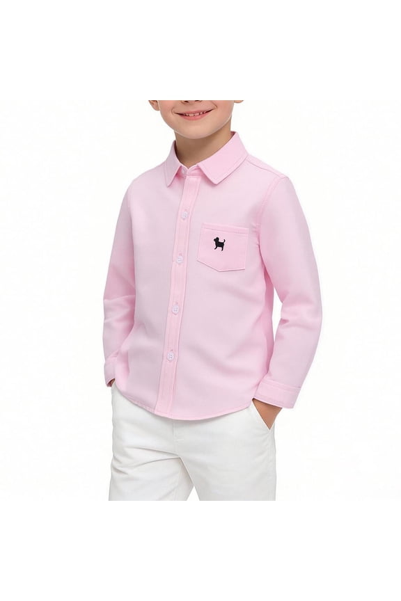 Boys Long Sleeve Button Down Shirt 100% Cotton Point Collar Pink Solid Casual School Church Uniform Dress 3-16Y,Size 5 T