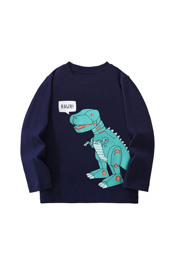 Boys Long Sleeve Cartoon Print T-Shirt Kids Excavator Dinosaur Shark Graphic Crewneck Tee Soft Cotton Casual Tops for Fall Winter 3-12 Years