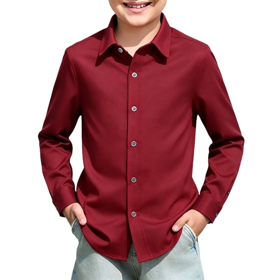 Boys Long Sleeve Collared School Uniform Shirt Button Front Basic Knit Top Regular Fit Pullover Layering Shirt