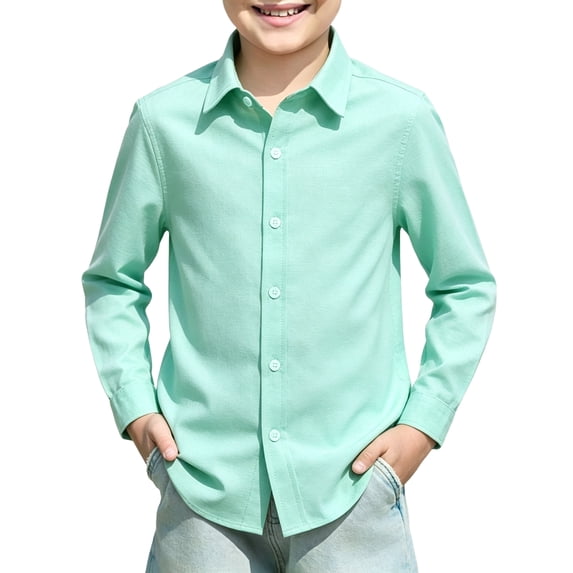 Boys Long Sleeve Collared School Uniform Shirt Button Front Basic Knit Top Regular Fit Pullover Layering Shirt