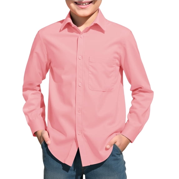 Boys Long Sleeve Collared School Uniform Shirt Button Front Woven Top with Chest Pocket Regular Fit for Kids