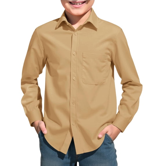 Boys Long Sleeve Collared School Uniform Shirt Button Front Woven Top with Chest Pocket Regular Fit for Kids