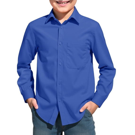Boys Long Sleeve Collared School Uniform Shirt Button Front Woven Top with Chest Pocket Regular Fit for Kids