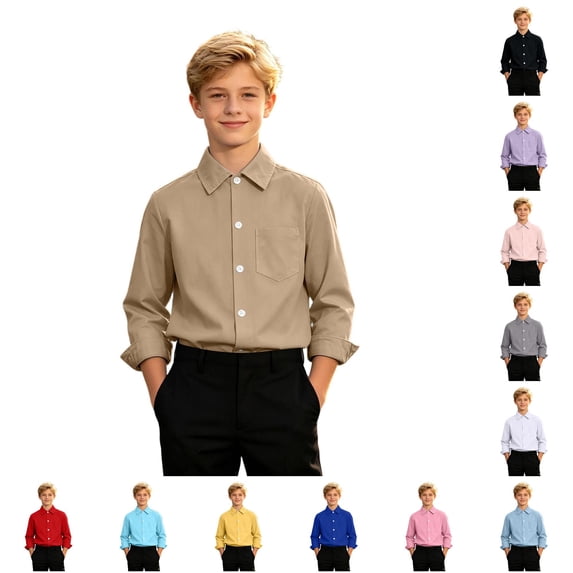 Boys' Long Sleeve Dress Shirt Casual & Formal Kids Button Down with Pocket Size 13-14 Years