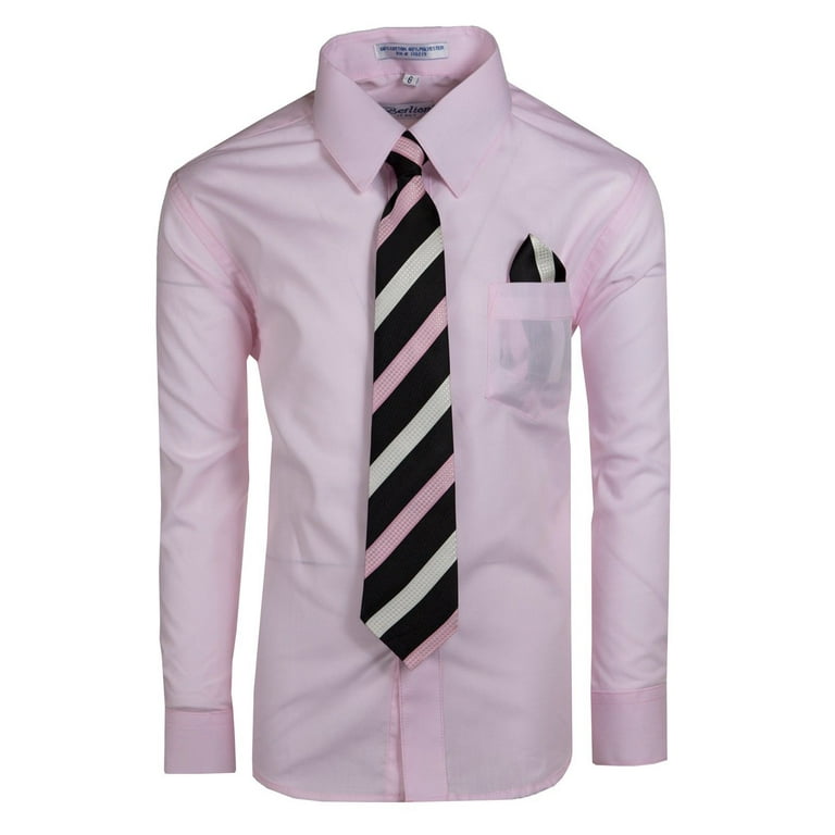 Boys Long Sleeve Dress Shirt with Neck Tie and Hanky in 20 Colors