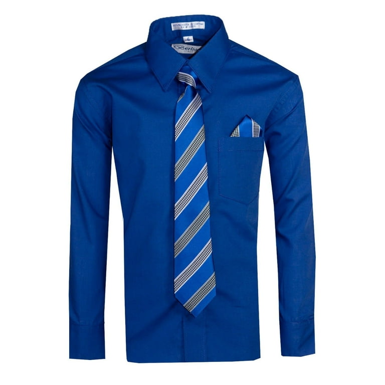 Boys Long Sleeve Dress Shirt with Neck Tie and Hanky in 20 Colors