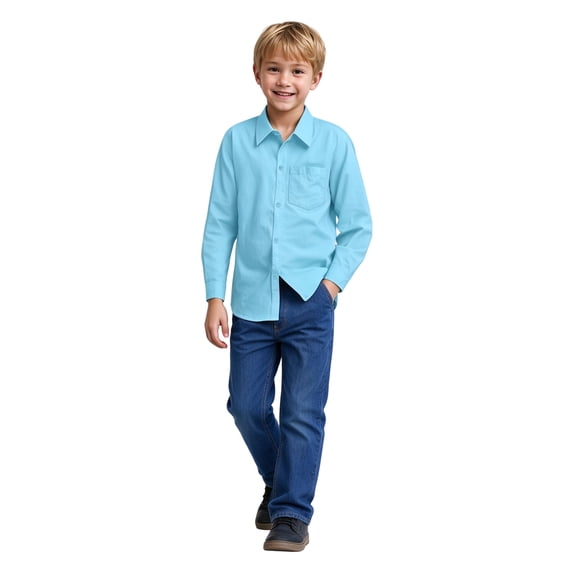 Boys Long Sleeve Dress Shirts Button Down Uniform Shirt with Pocket 5- 14 Years