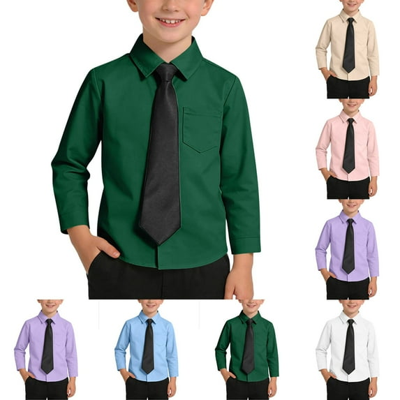 Boys' Long Sleeve Dress Shirts Classic Collared Button Down Shirt Solid Color School Uniform Top and Tie Set with Chest Pocket