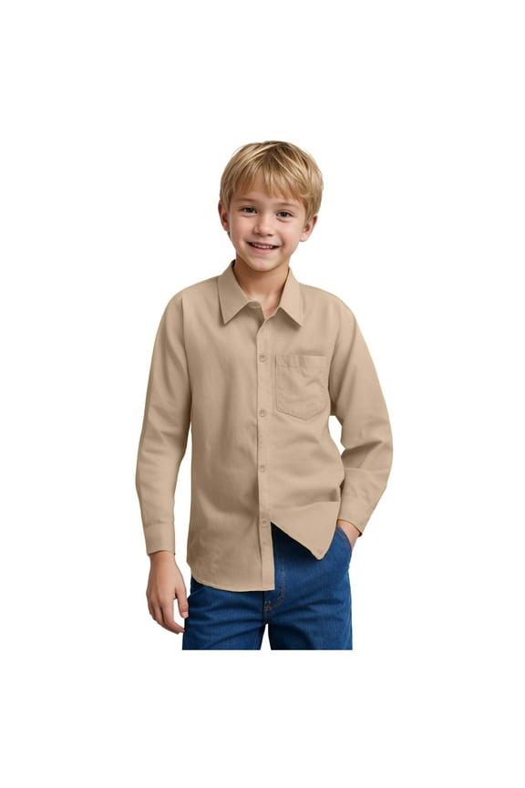 Boys Long Sleeve Dress Shirts Collared Button Down Oxford Shirt School Uniforms Shirts with Chest Pocket Brown for 9-10 Years