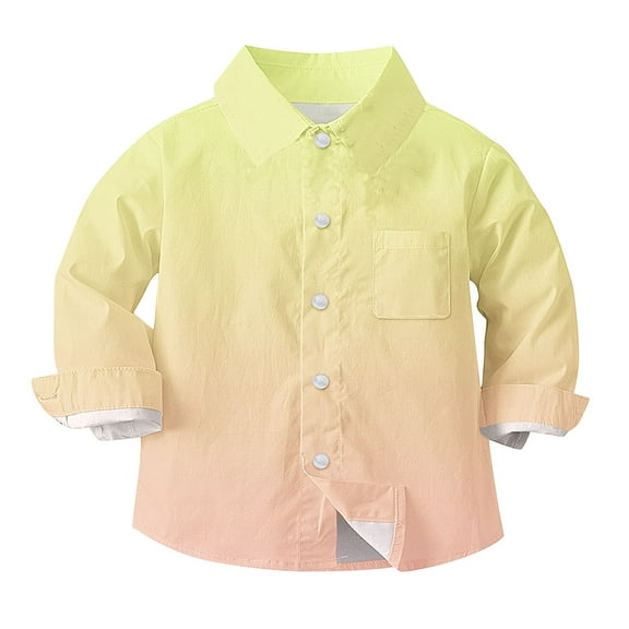 Boys Long Sleeve Dress Shirts Gradient Color Button Up Collared Shirt Chest Pocket for Toddler and Boy 6M-8T, 12-18 Months Yellow