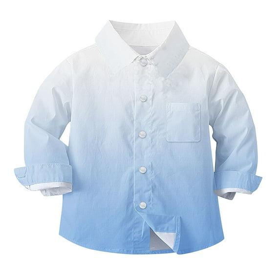 Boys Long Sleeve Dress Shirts Gradient Color Button Up Collared Shirt Chest Pocket for Toddler and Boy 6M-8T, 3-4 Years Blue