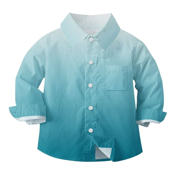 Boys Long Sleeve Dress Shirts Gradient Color Button Up Collared Shirt Chest Pocket for Toddler and Boy 6M-8T, 7-8 Years Blue