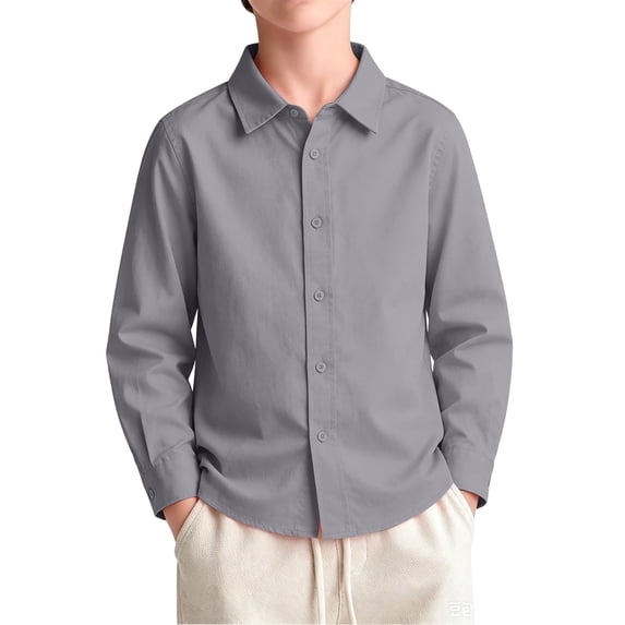 Boys Long Sleeve Dress Shirts Kids Classic Collared Button-Down Shirt School Uniform Shirts 5-14 Years Gray,12-13 Years