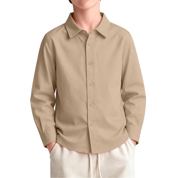 Boys Long Sleeve Dress Shirts Kids Classic Collared Button-Down Shirt School Uniform Shirts 5-14 Years Khaki,8-9 Years